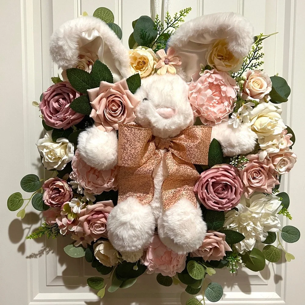 Handmade Floral Bunny Spring Silk Flower & Ribbon Wreath 22 in W7
